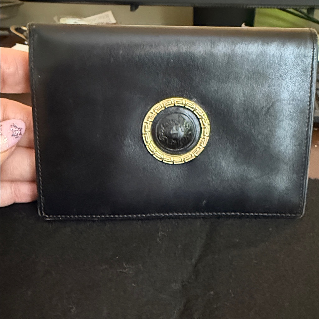 Versace Vintage Black Leather Bifold Wallet With Gold Emblem - Great Condition